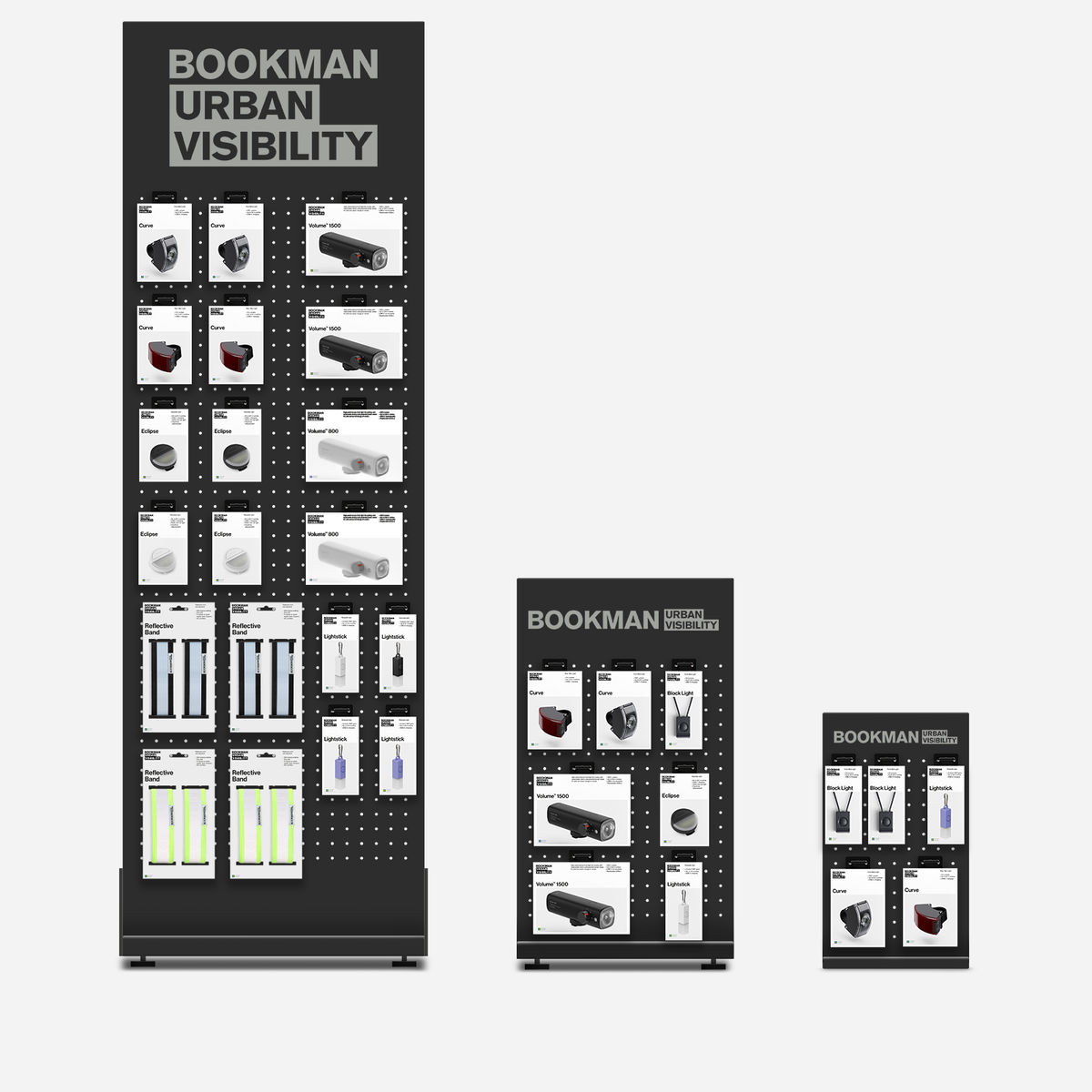 Bookman retail displays Large, Medium and Small side by side, to scale